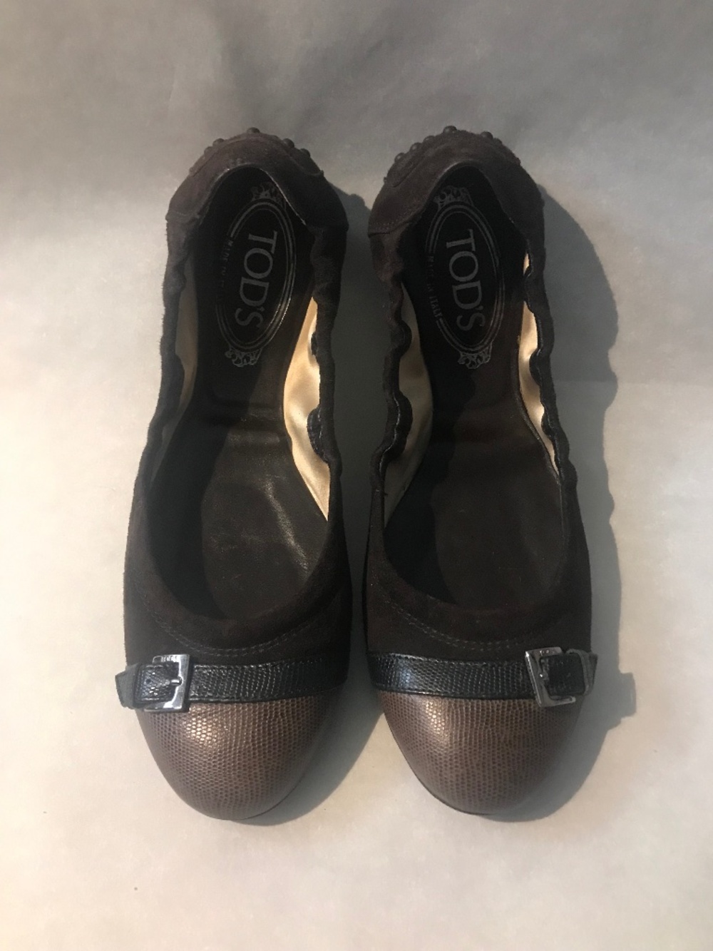 Tod's Women's Brown Leather Suede Buckle Studded Scrunch Ballerina Flats Shoes